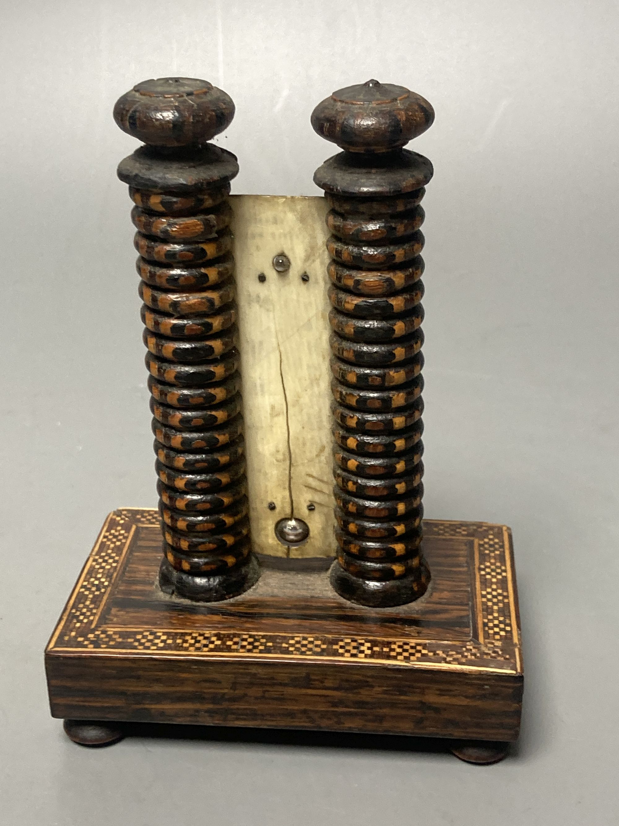 A Tunbridge ware rosewood stickware and tesserae mosaic twin tower thermometer by Henry Hollamby, 12.5cm